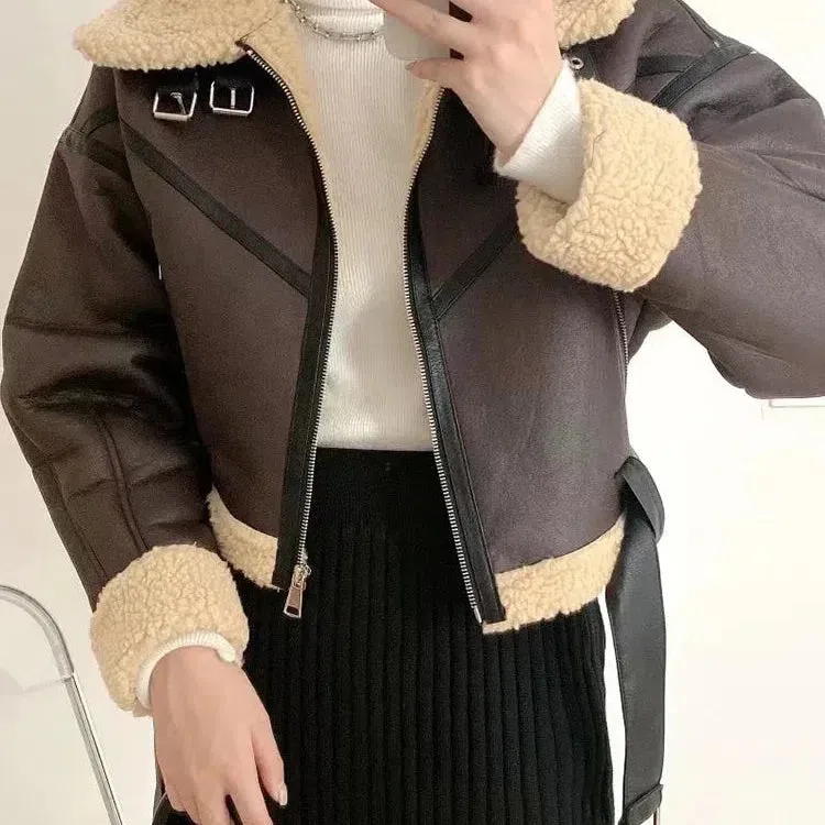 Ailegogo Winter Women Streetwear Faux Leather Fur Jacket