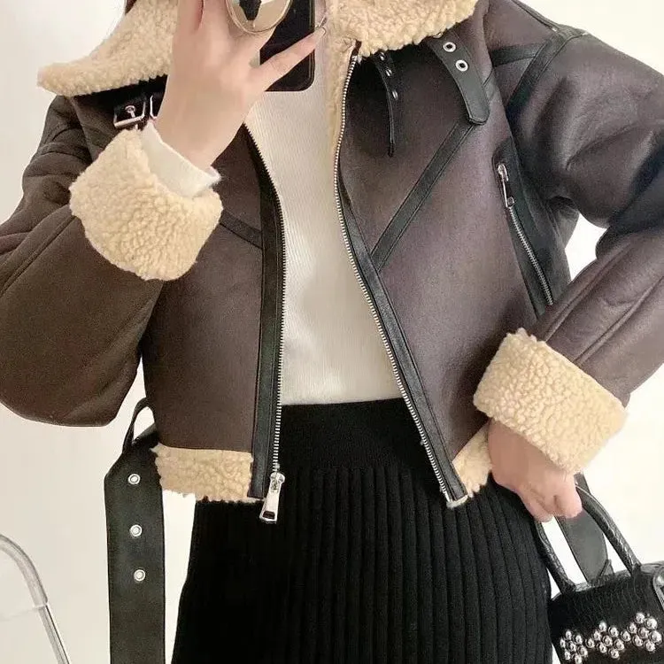 Ailegogo Winter Women Streetwear Faux Leather Fur Jacket