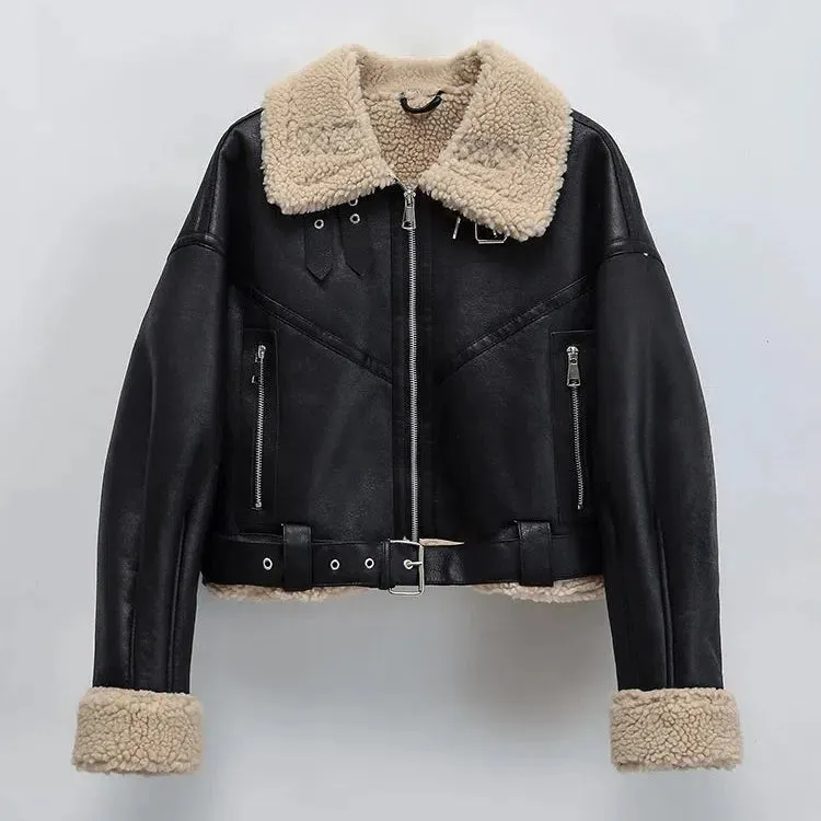 Ailegogo Winter Women Streetwear Faux Leather Fur Jacket