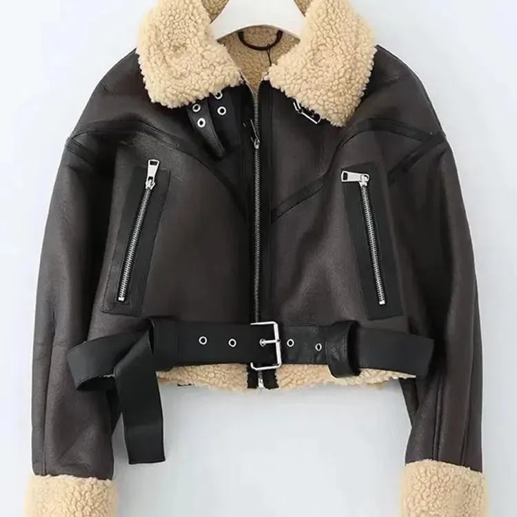 Ailegogo Winter Women Streetwear Faux Leather Fur Jacket