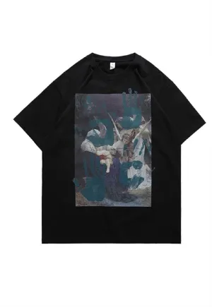 Ancient painting t-shirt retro tee hand print top in Black