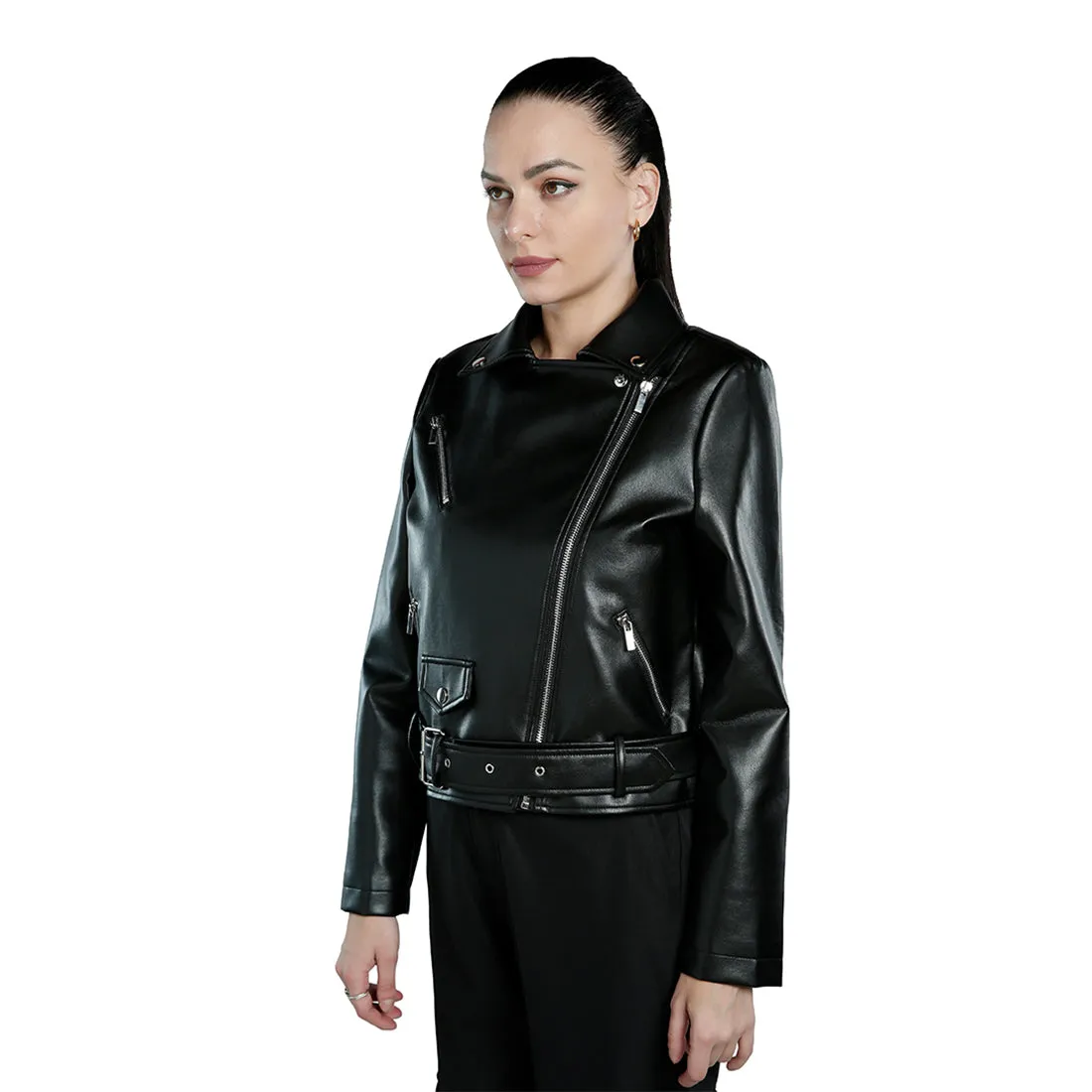 Black Belted PU Biker Jacket