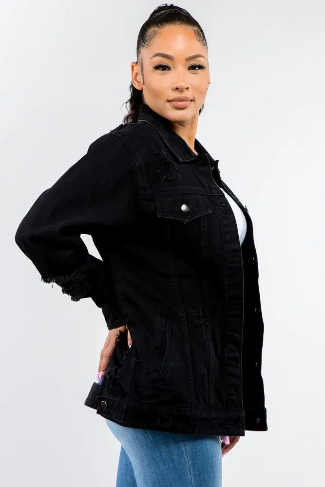 Button Up Distressed Black Denim Jacket