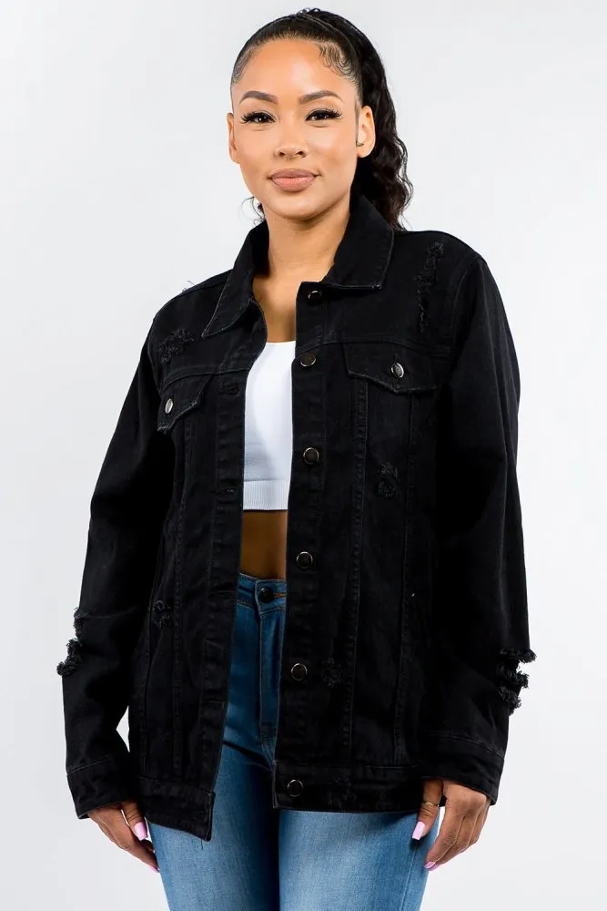 Button Up Distressed Black Denim Jacket