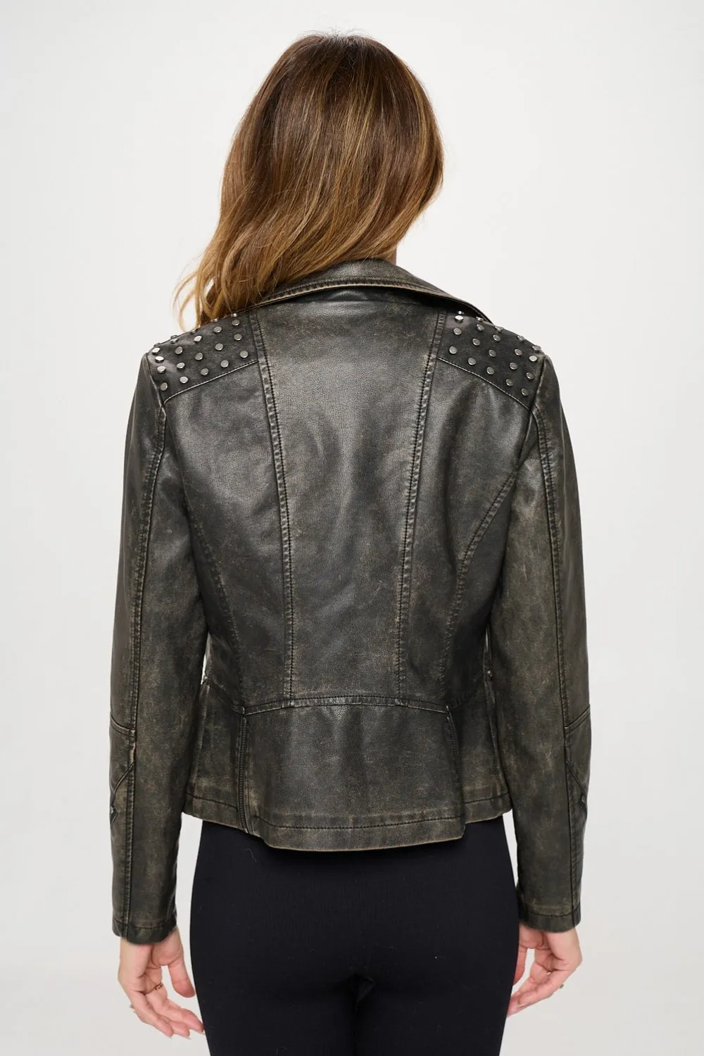 Coalition LA Brown Washed Studded Classic Moto Faux Leather Vegan Leather Jacket