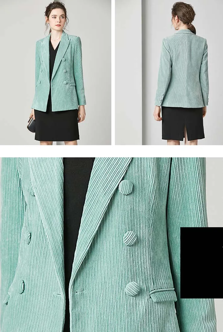 Corduroy Faux-Double-Breasted Mint Green Blazer