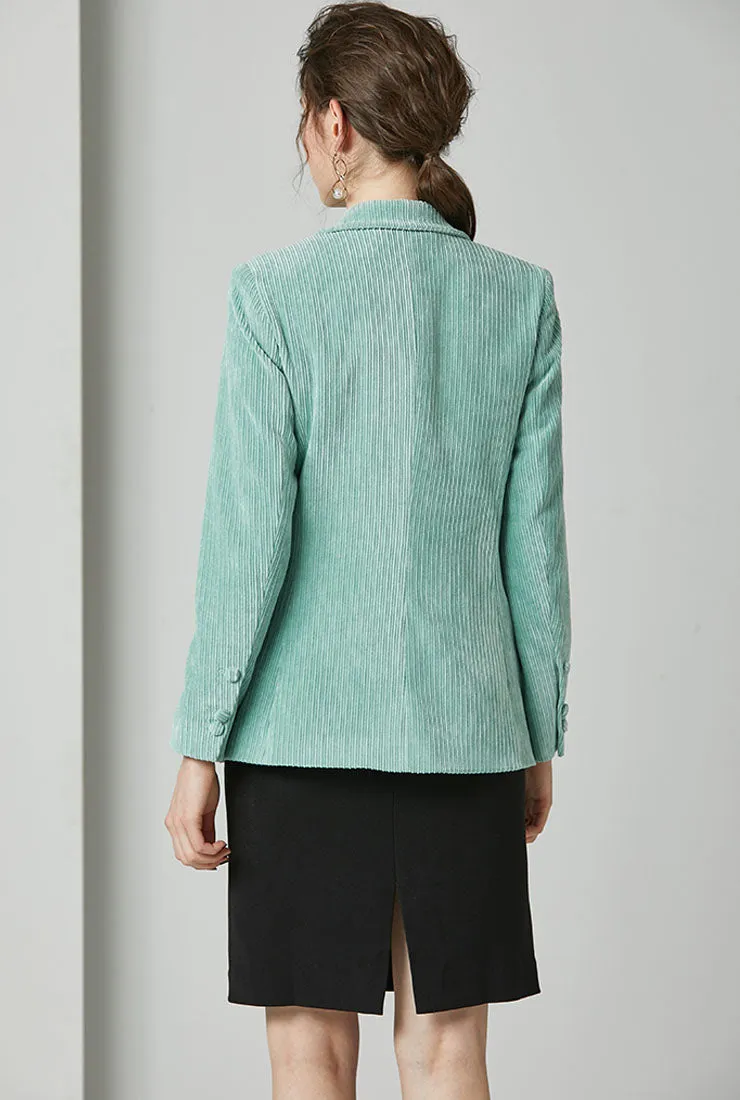 Corduroy Faux-Double-Breasted Mint Green Blazer