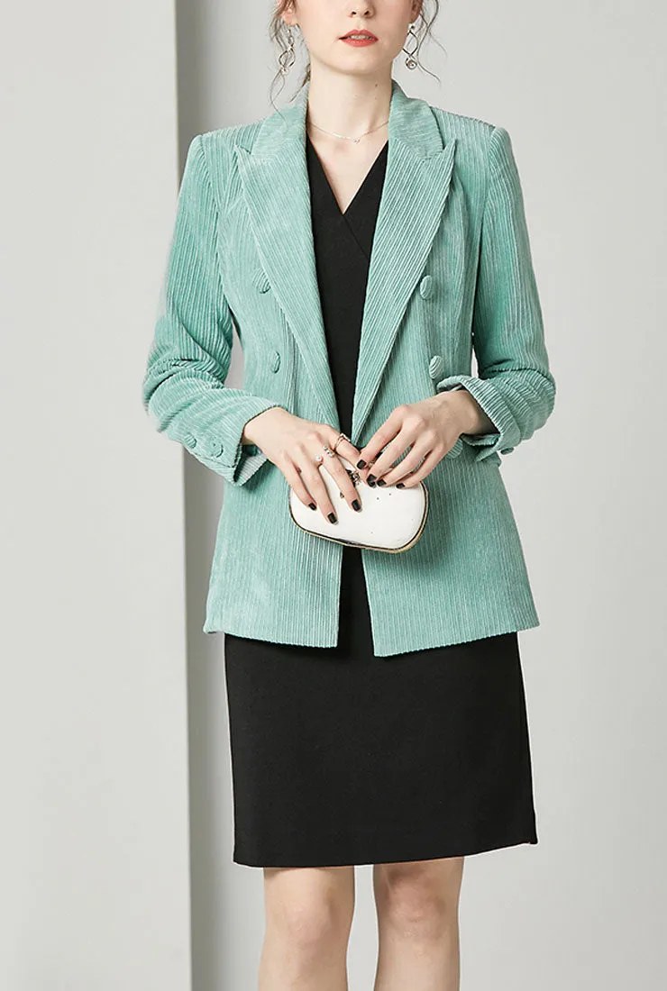 Corduroy Faux-Double-Breasted Mint Green Blazer