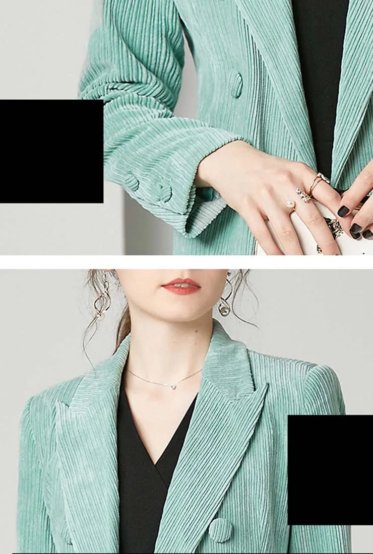 Corduroy Faux-Double-Breasted Mint Green Blazer