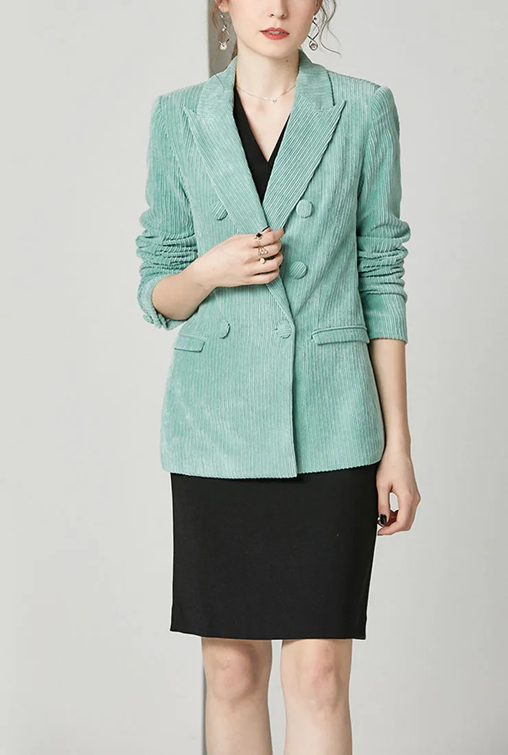 Corduroy Faux-Double-Breasted Mint Green Blazer