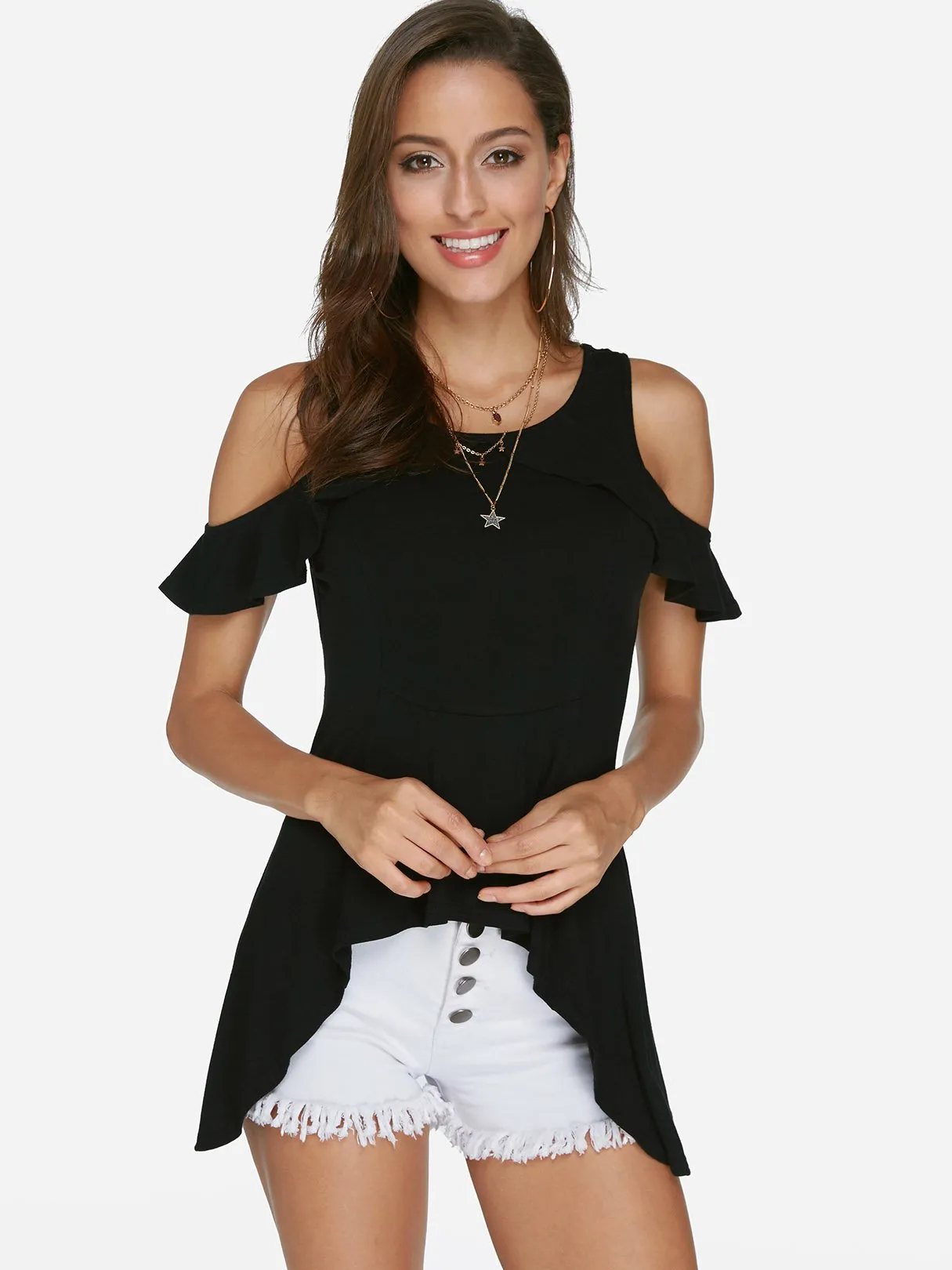 Custom Cold Shoulder Short Sleeve Irregular Hem T-Shirt