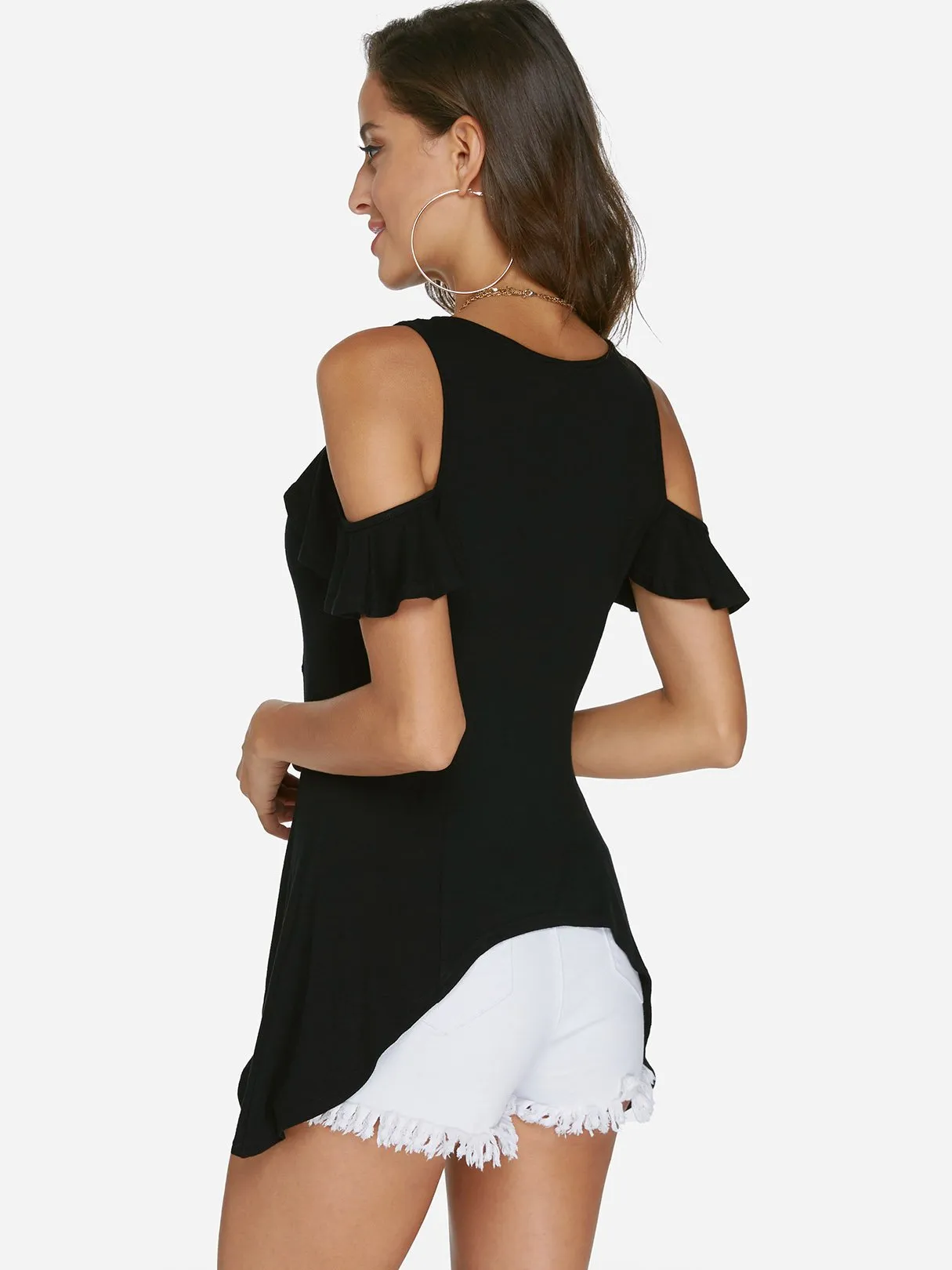 Custom Cold Shoulder Short Sleeve Irregular Hem T-Shirt