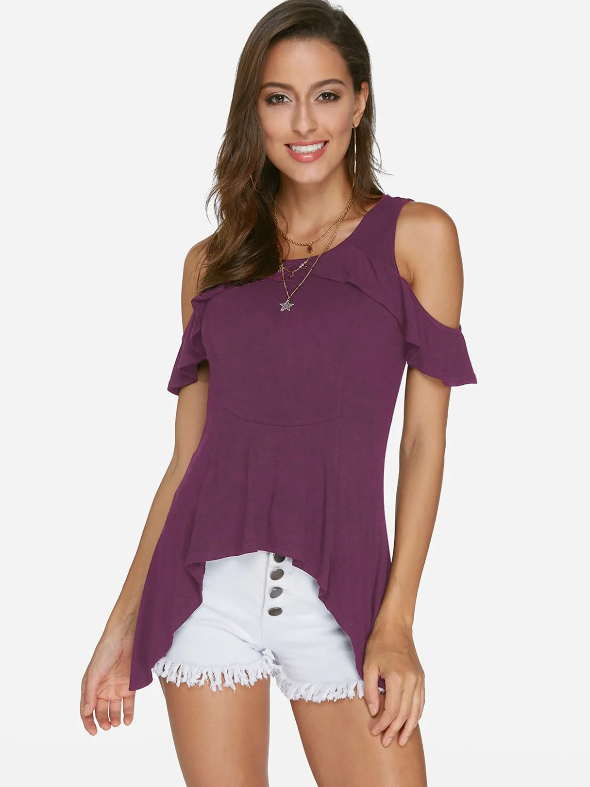 Custom Cold Shoulder Short Sleeve Irregular Hem T-Shirt