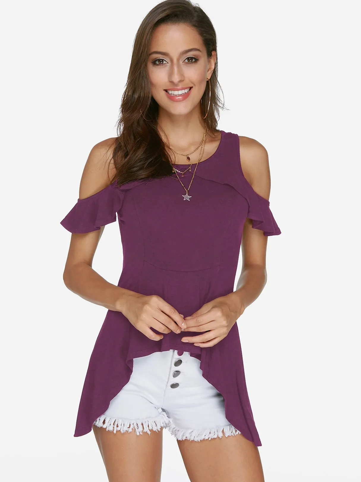 Custom Cold Shoulder Short Sleeve Irregular Hem T-Shirt