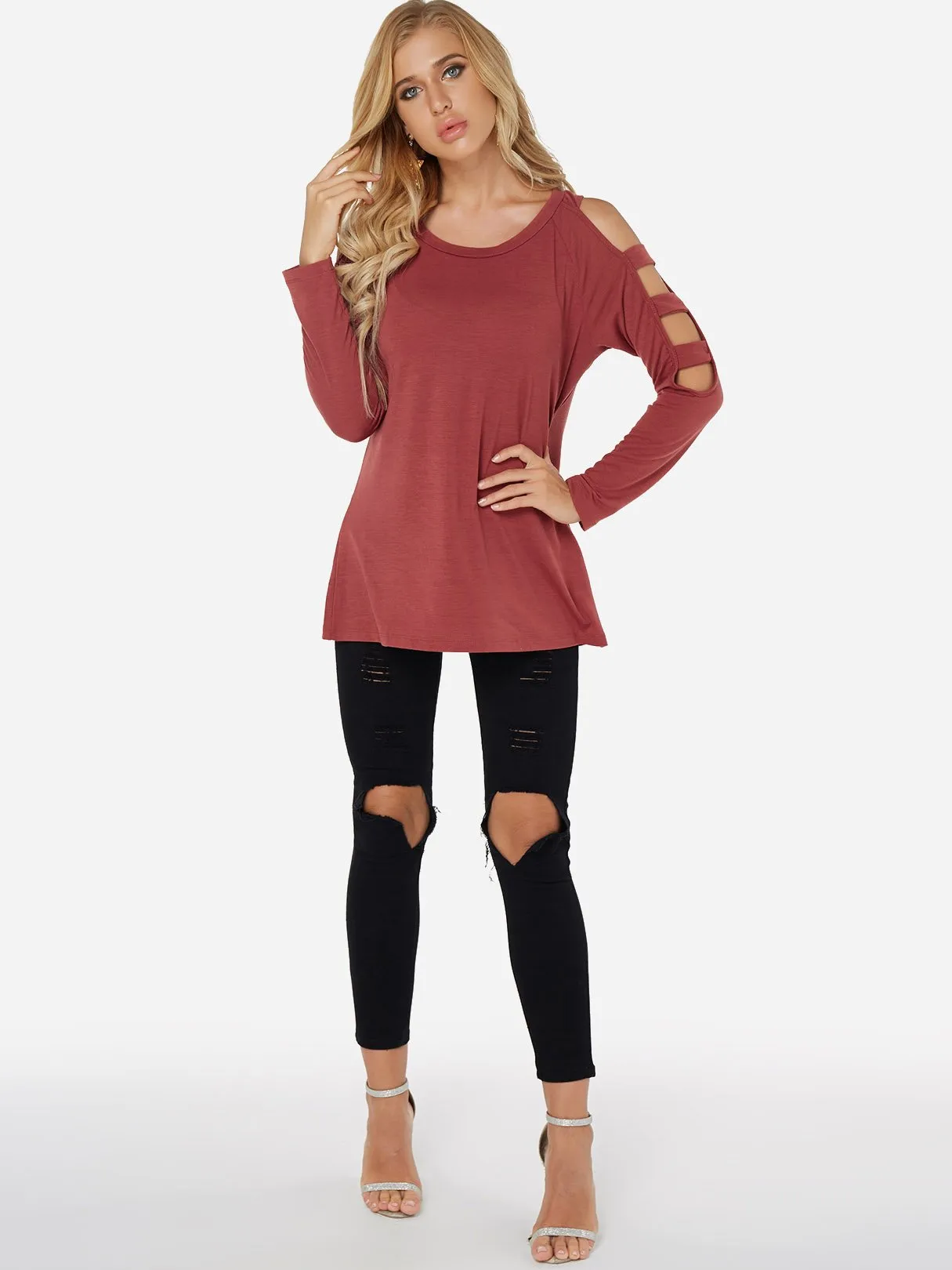 Custom Round Neck Cold Shoulder Plain Hollow Long Sleeve Red T-Shirts