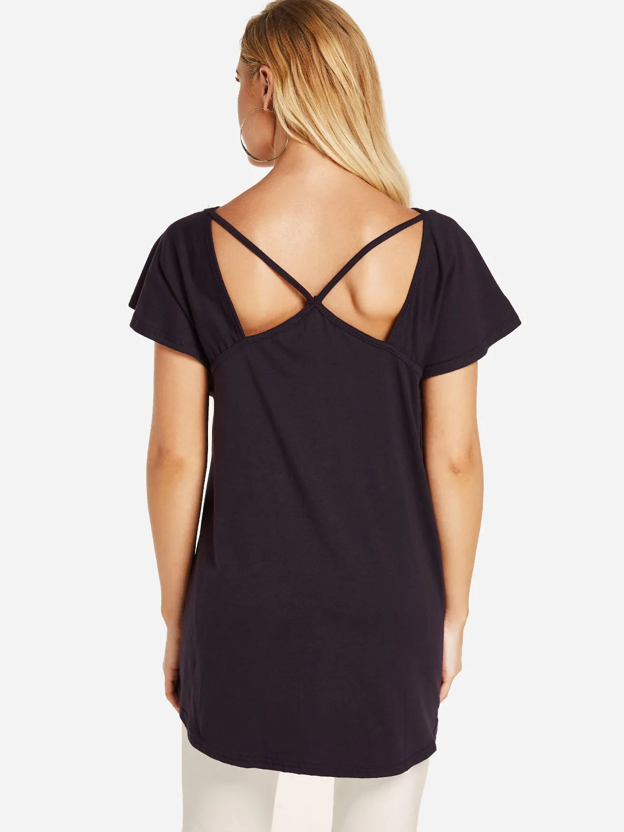 Custom Round Neck Plain Backless Hollow Short Sleeve Irregular Hem T-Shirts