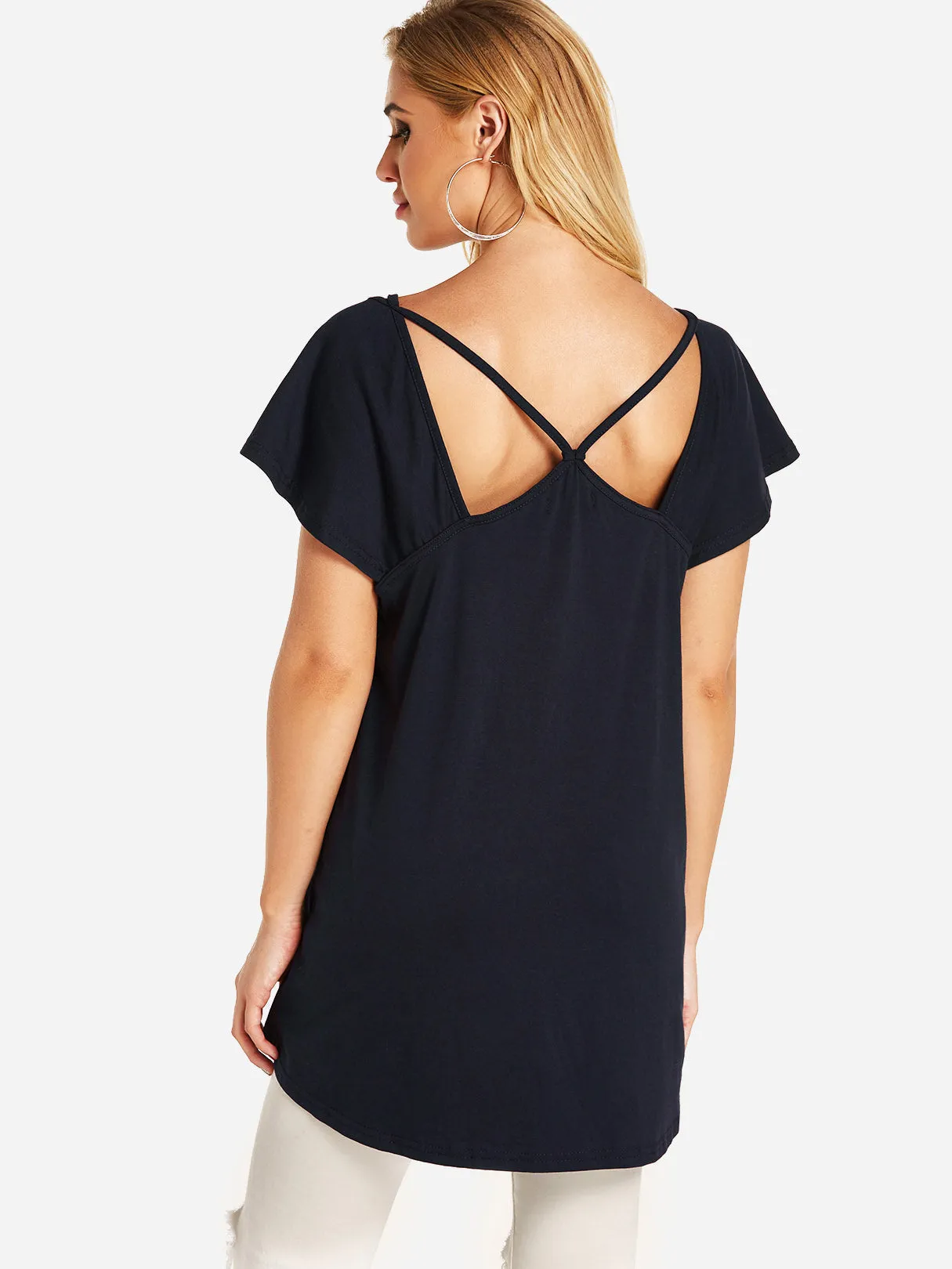 Custom Round Neck Plain Backless Hollow Short Sleeve Irregular Hem T-Shirts