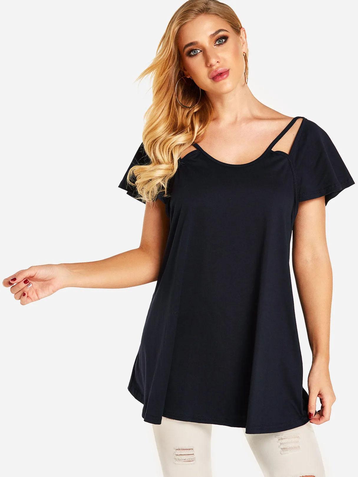 Custom Round Neck Plain Backless Hollow Short Sleeve Irregular Hem T-Shirts