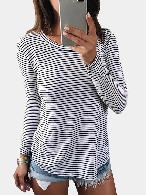 Custom Round Neck Stripe Backless Hollow Cut Out Long Sleeve Curved Hem White T-Shirts