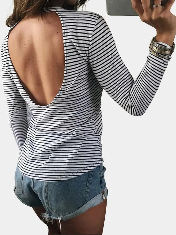 Custom Round Neck Stripe Backless Hollow Cut Out Long Sleeve Curved Hem White T-Shirts