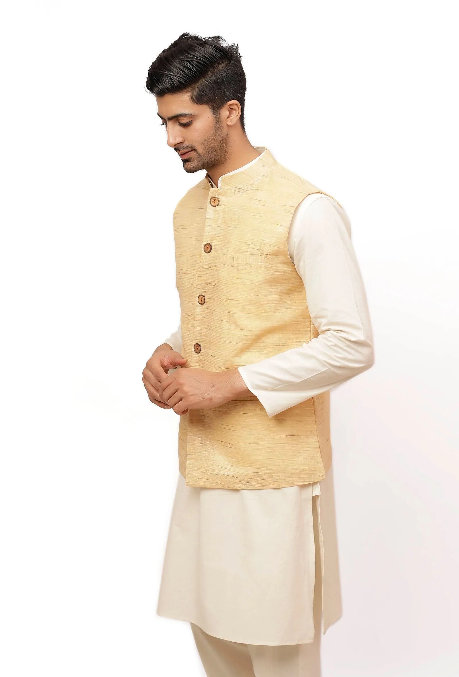 Fawn Creme Matka Silk Nehru Jacket