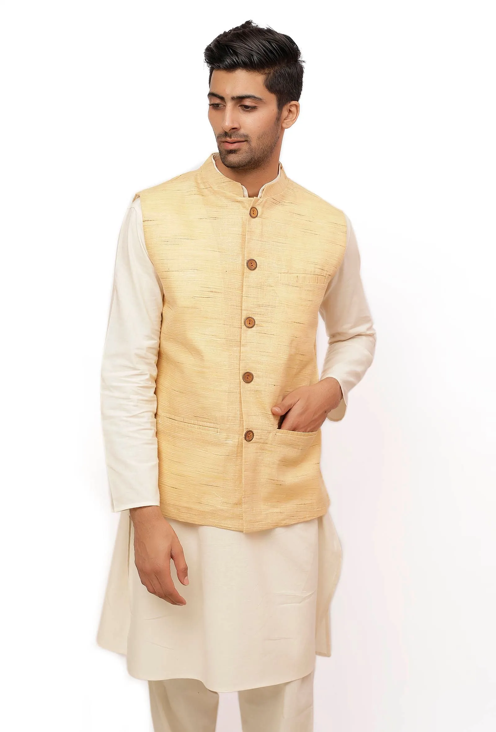 Fawn Creme Matka Silk Nehru Jacket