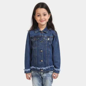 Girls Denim Jacket Fringes-DARK BLUE