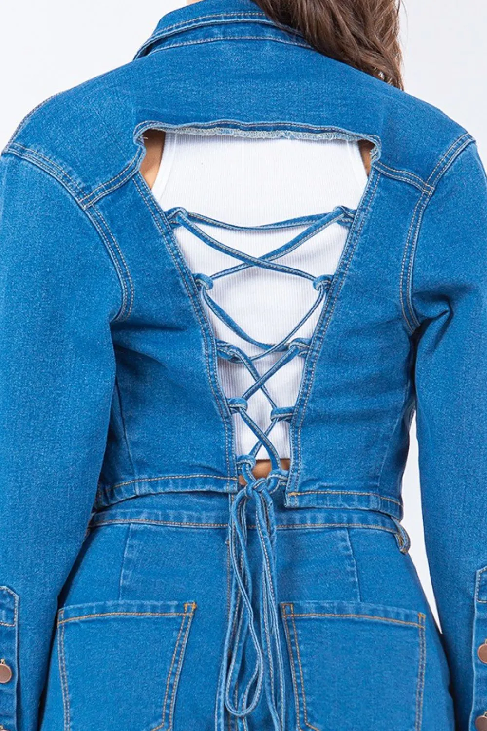 Laced Back Cropped Denim Jacket