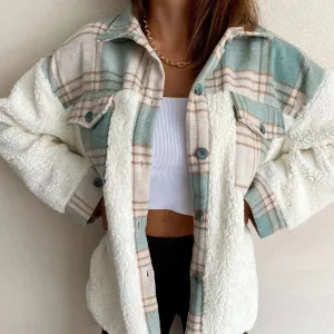 Lambs Wool Plaid Patchwork Long Sleeve Cardigan with Pockets