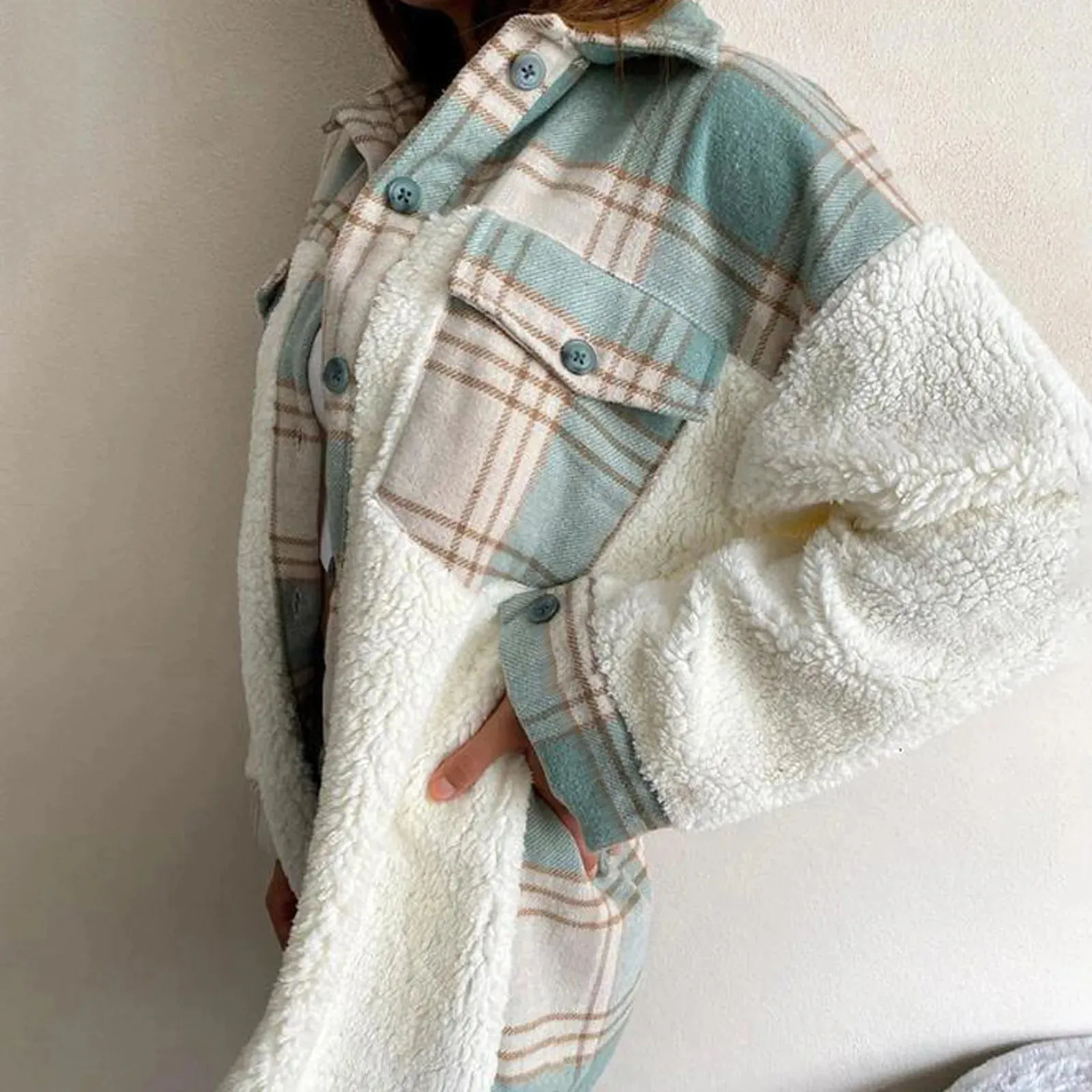 Lambs Wool Plaid Patchwork Long Sleeve Cardigan with Pockets