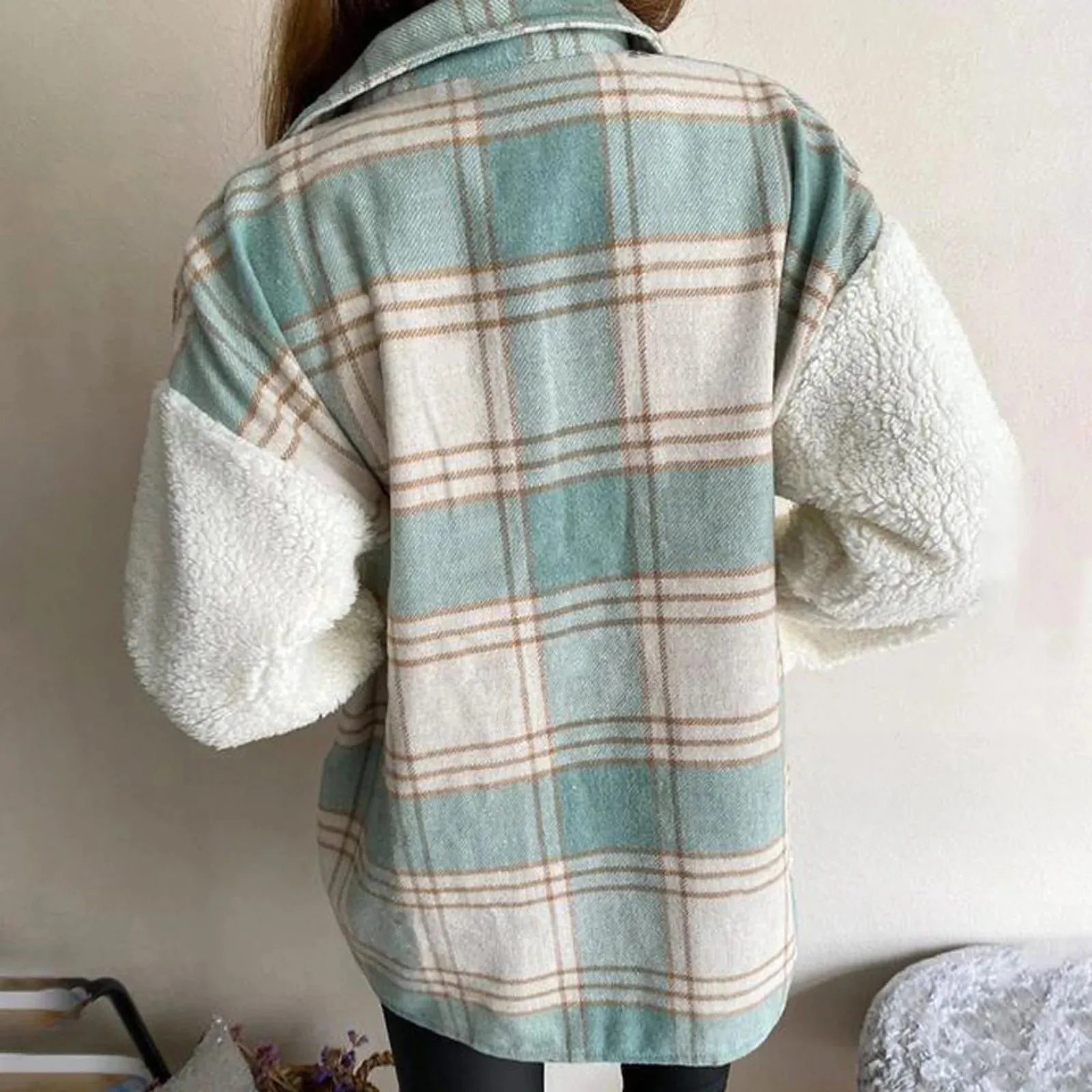 Lambs Wool Plaid Patchwork Long Sleeve Cardigan with Pockets