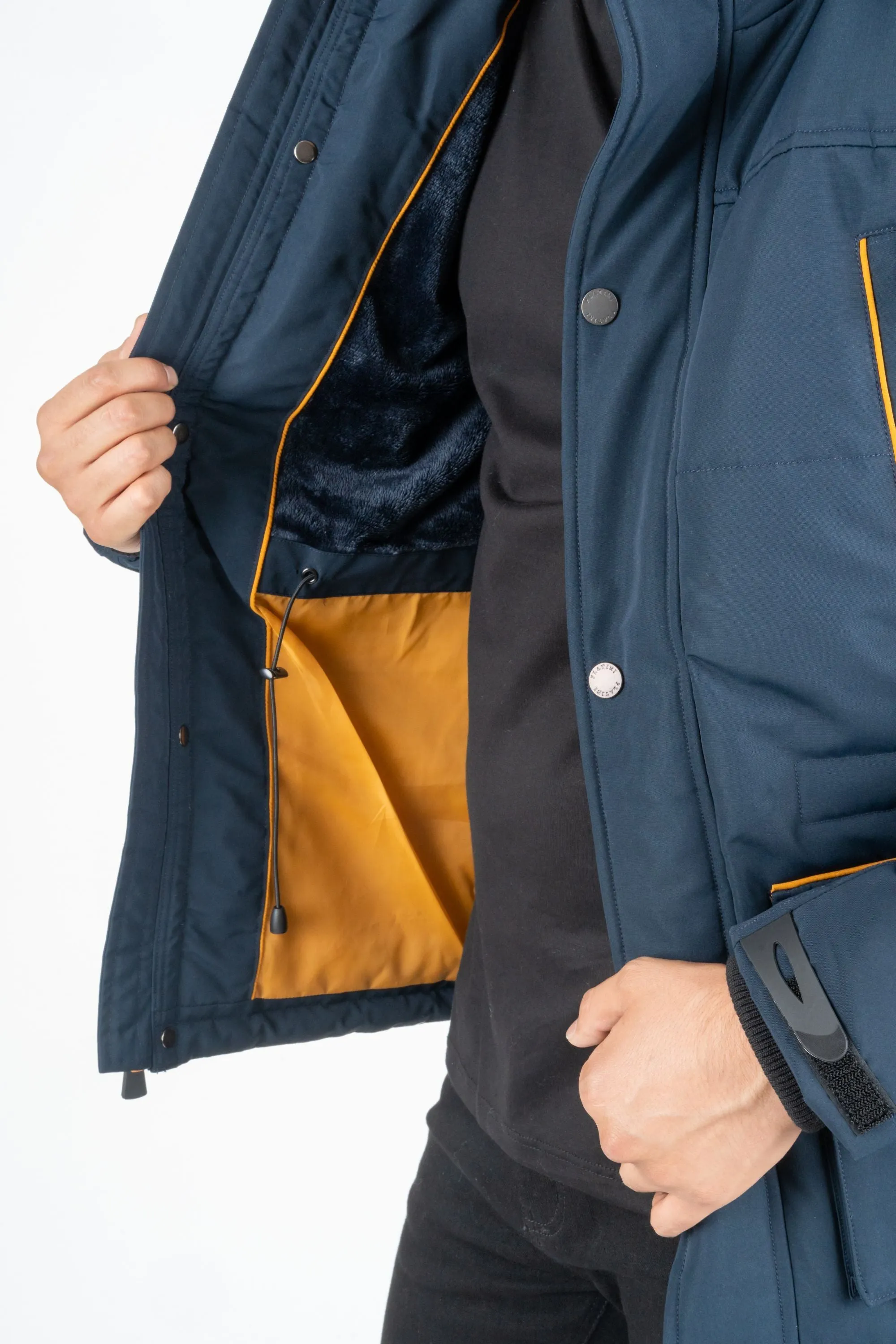 MEN'S LONG WINTER JACKET WITH FAUX FUR TRIMMED HOOD | NAVY | JKT7985