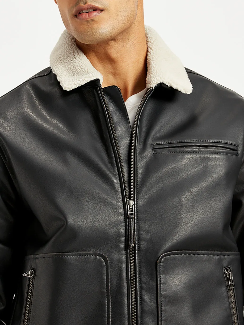 Men's Solid Black Spread Collar Leather Jacket