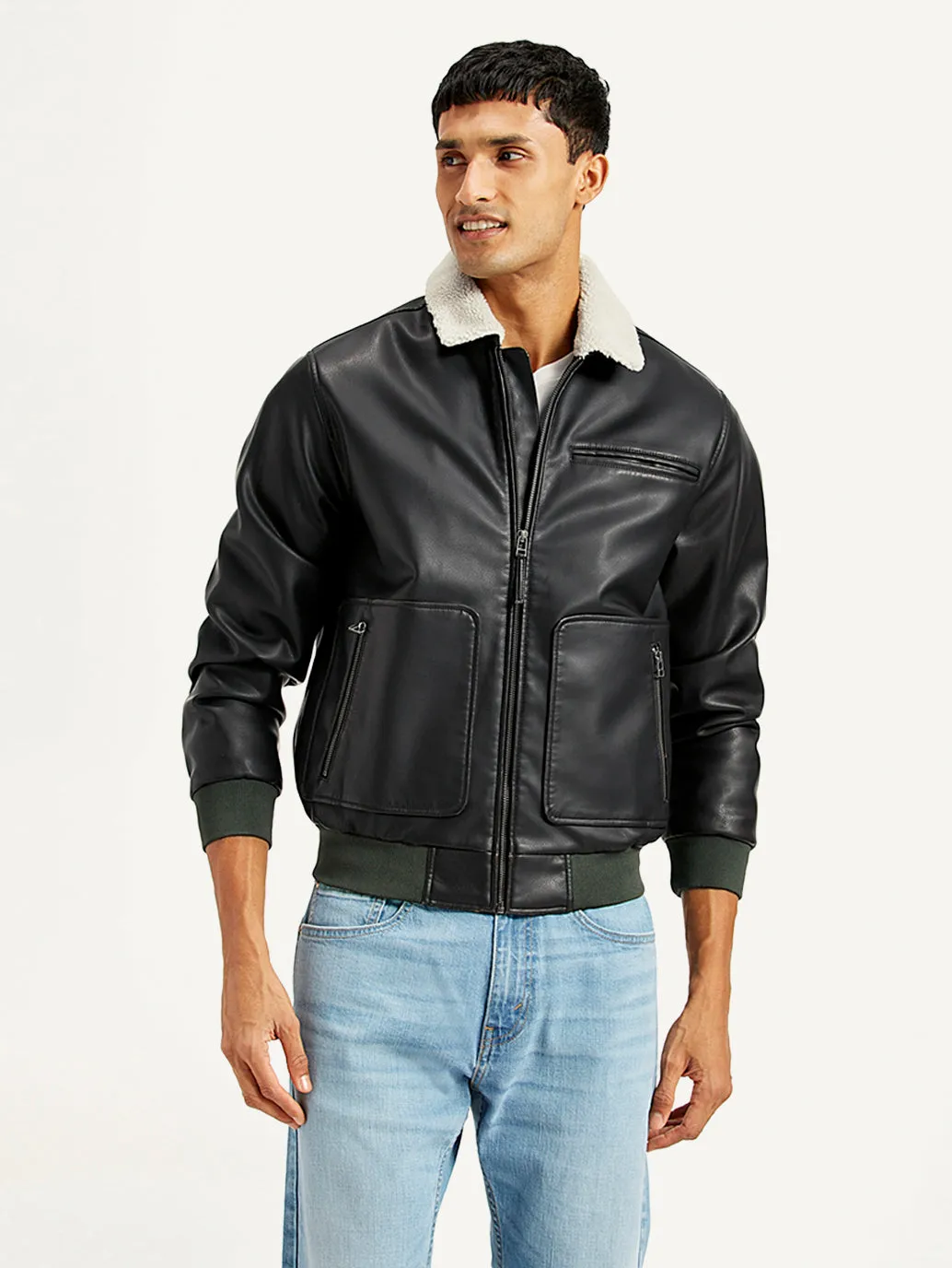 Men's Solid Black Spread Collar Leather Jacket