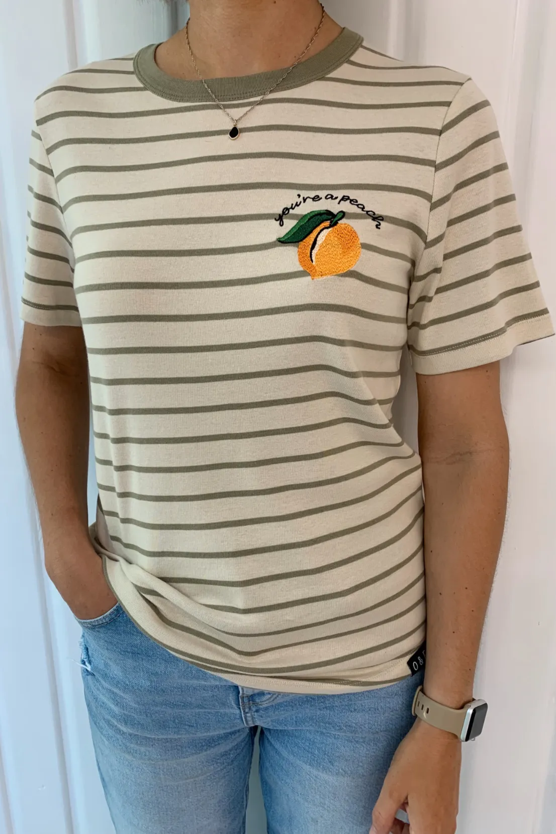 O&F You're a Peach Embroidered Short Sleeve Breton Tee