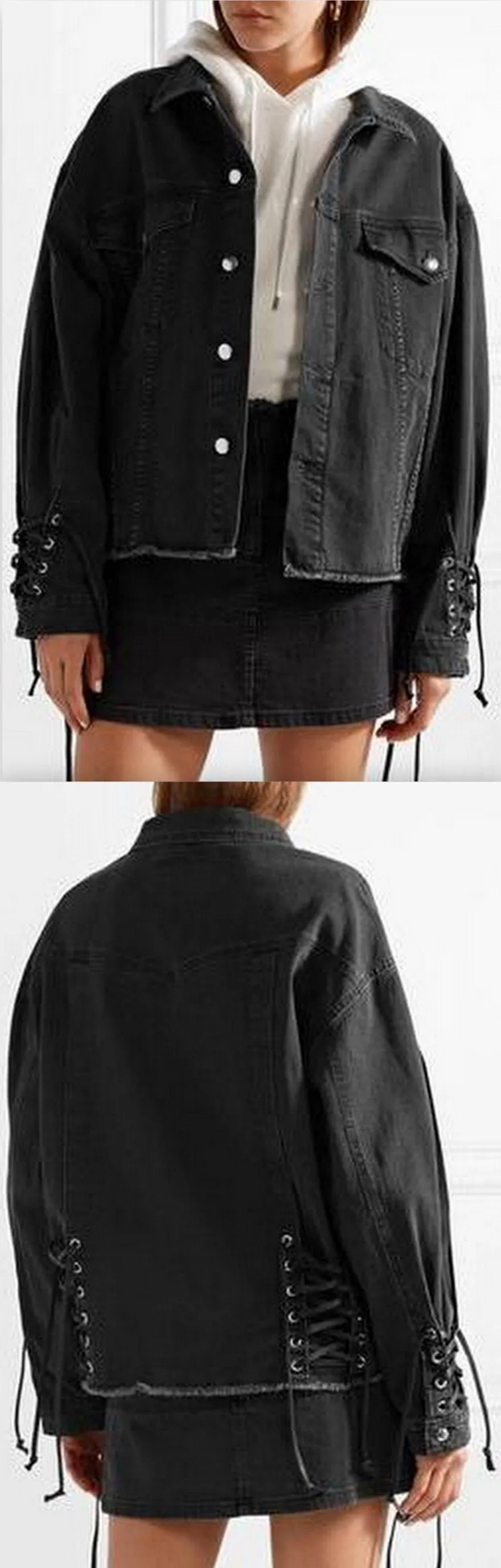 Oversized Lace-up Frayed Denim Jacket