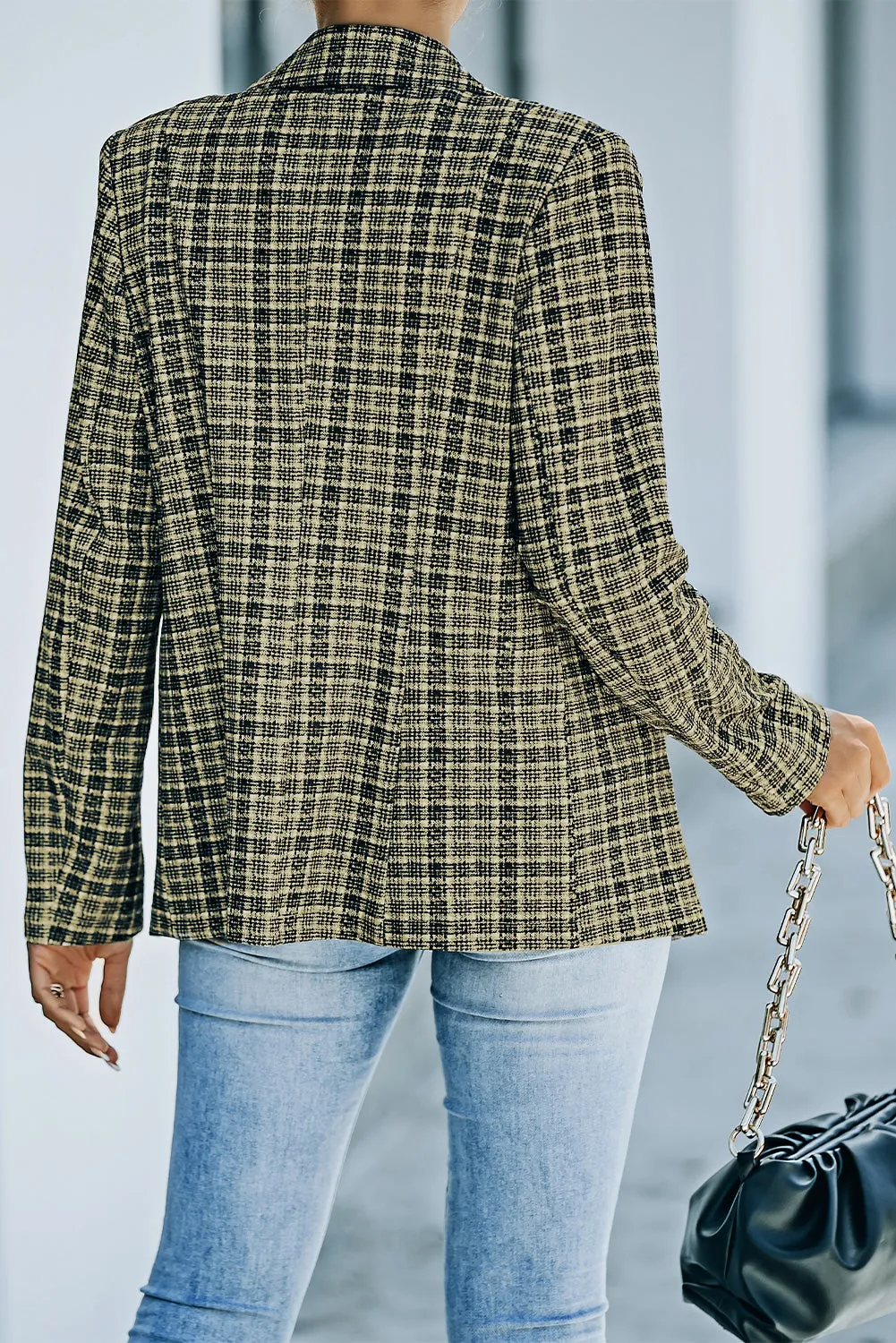 Plaid Double-Breasted Long Sleeve Blazer