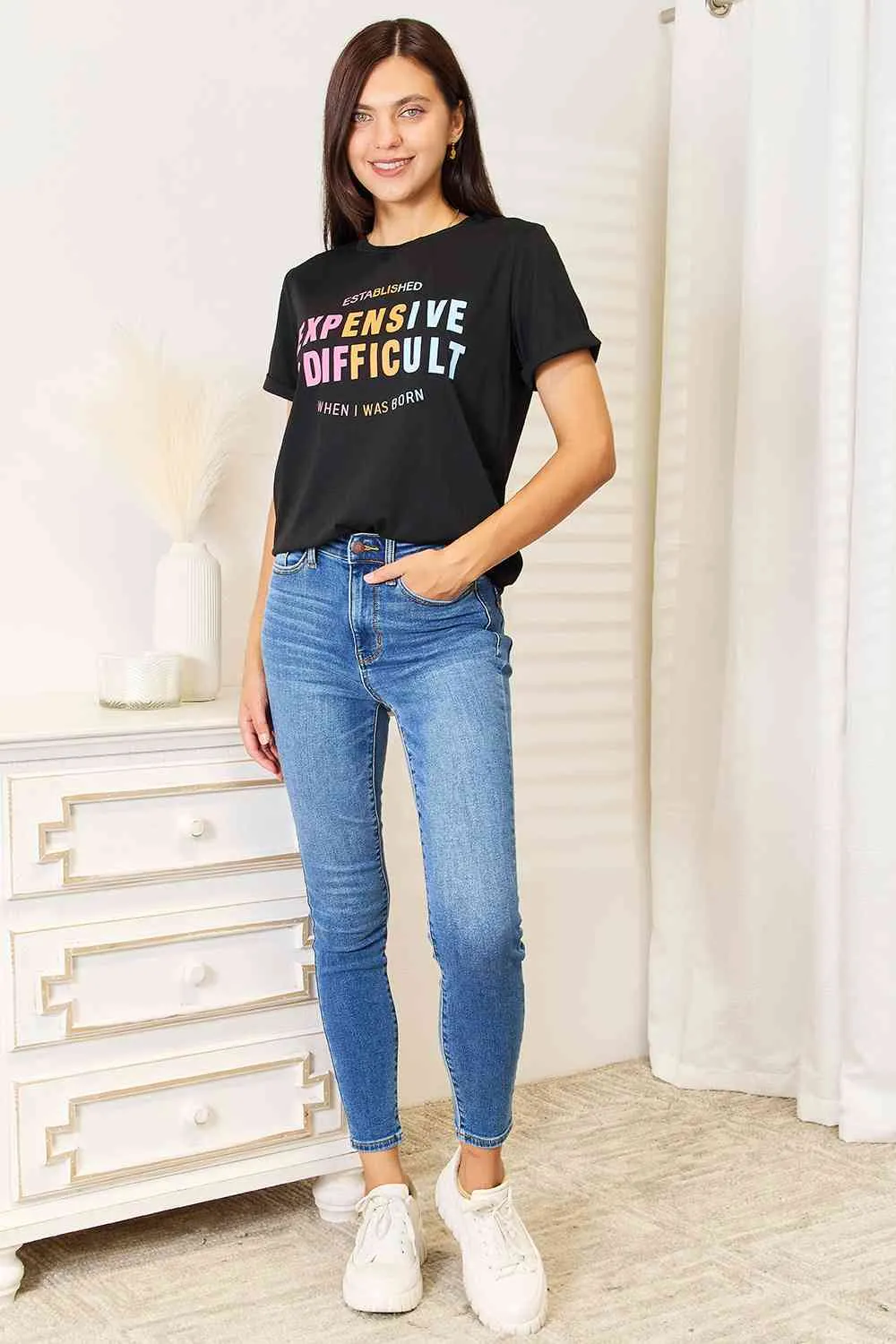 Slogan Graphic Cuffed Sleeve T-Shirt