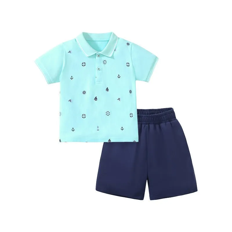 Toddler/Kid Boy's Short Sleeve Blue Polo with Shorts Set for Summer