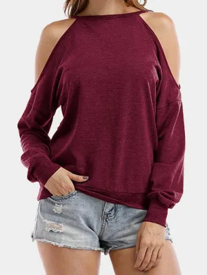 Wholesale Round Neck Cold Shoulder Hollow Cut Out Long Sleeve T-Shirts