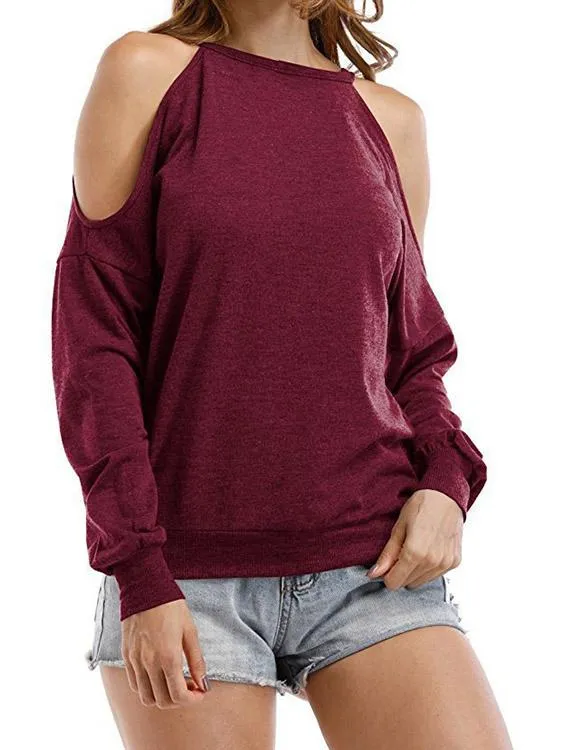 Wholesale Round Neck Cold Shoulder Hollow Cut Out Long Sleeve T-Shirts