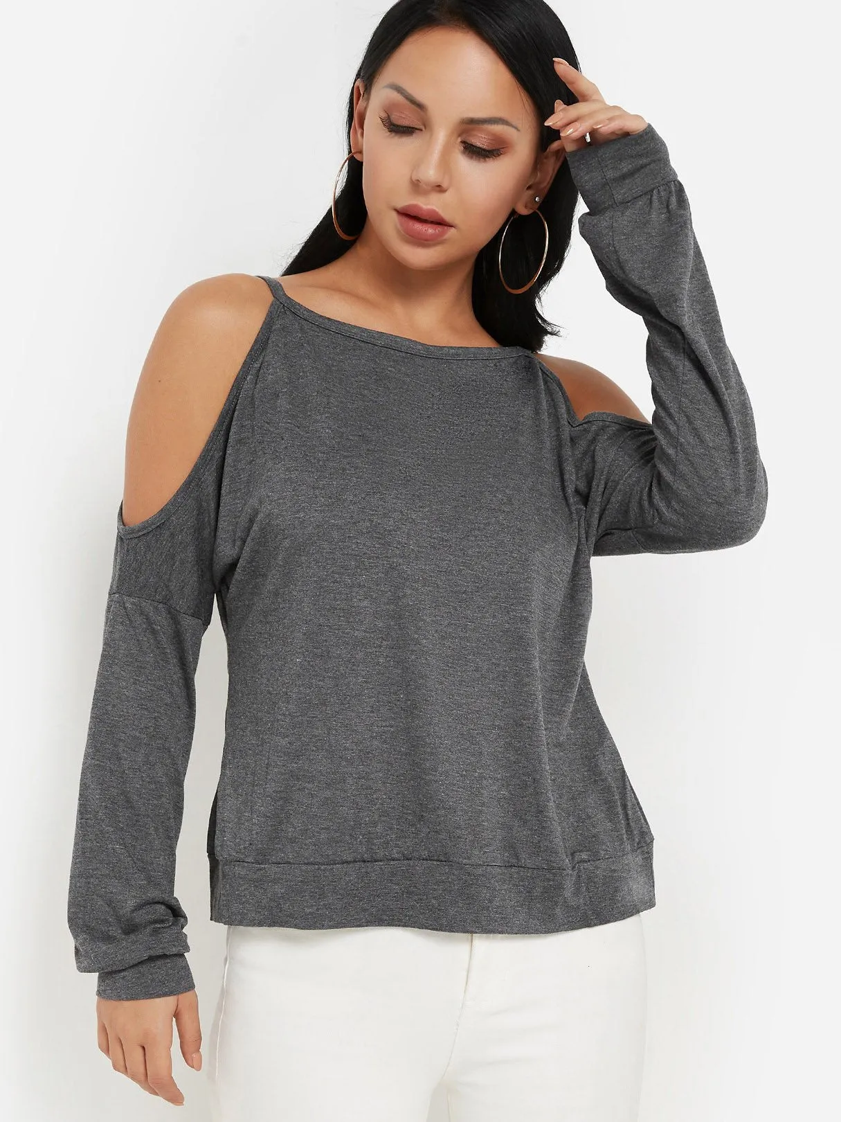 Wholesale Round Neck Cold Shoulder Hollow Cut Out Long Sleeve T-Shirts