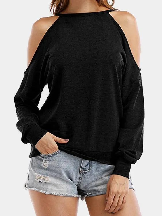 Wholesale Round Neck Cold Shoulder Hollow Cut Out Long Sleeve T-Shirts