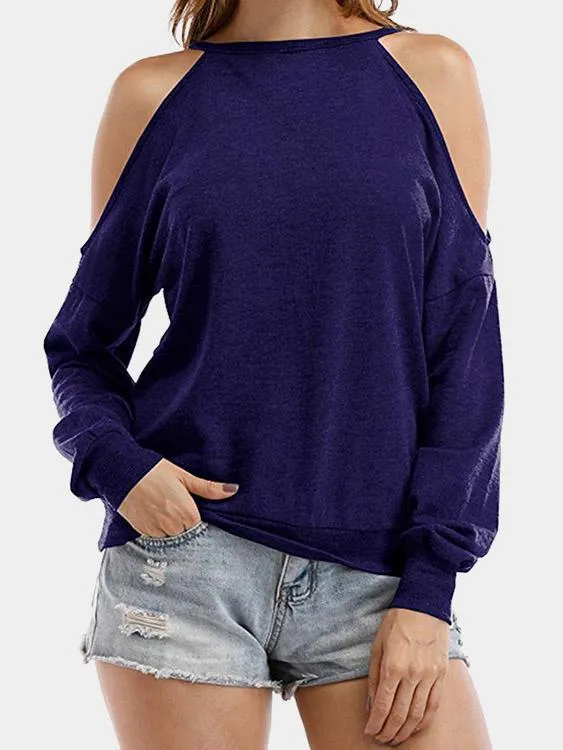 Wholesale Round Neck Cold Shoulder Hollow Cut Out Long Sleeve T-Shirts