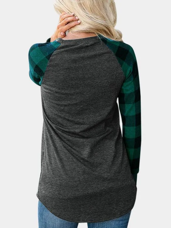 Wholesale Round Neck Grid Long Sleeve Curved Hem Green T-Shirts