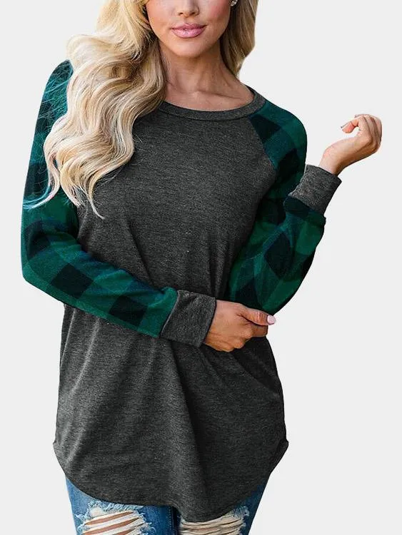 Wholesale Round Neck Grid Long Sleeve Curved Hem Green T-Shirts