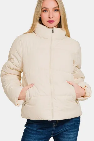 Zenana Cream Zip Up Turtleneck Puffer Jacket with Pockets