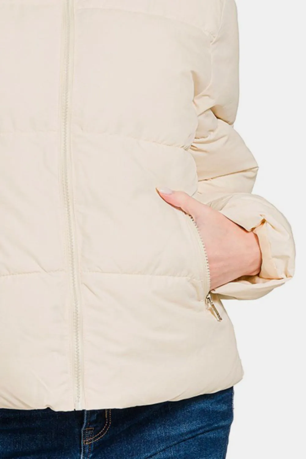 Zenana Cream Zip Up Turtleneck Puffer Jacket with Pockets