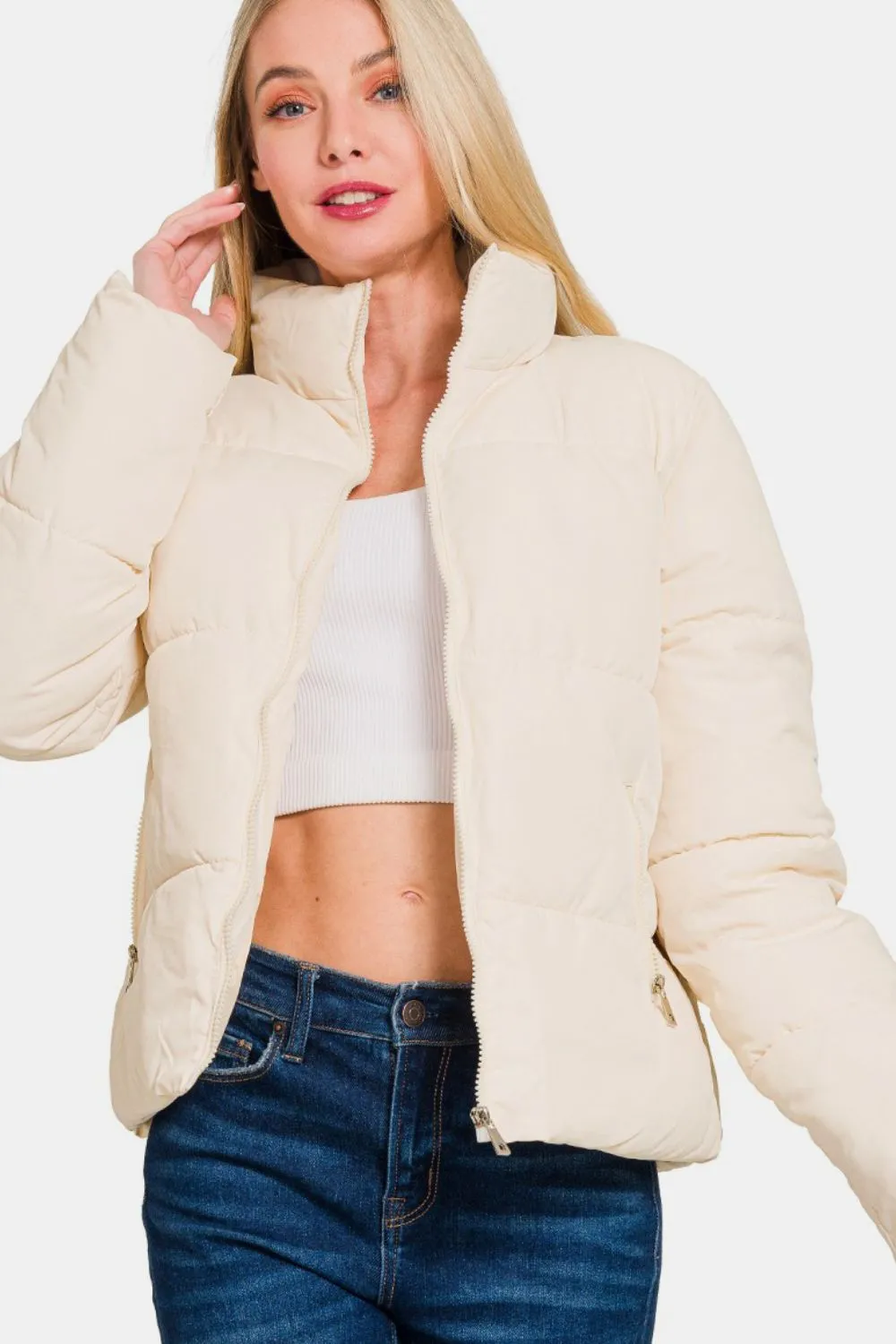 Zenana Cream Zip Up Turtleneck Puffer Jacket with Pockets